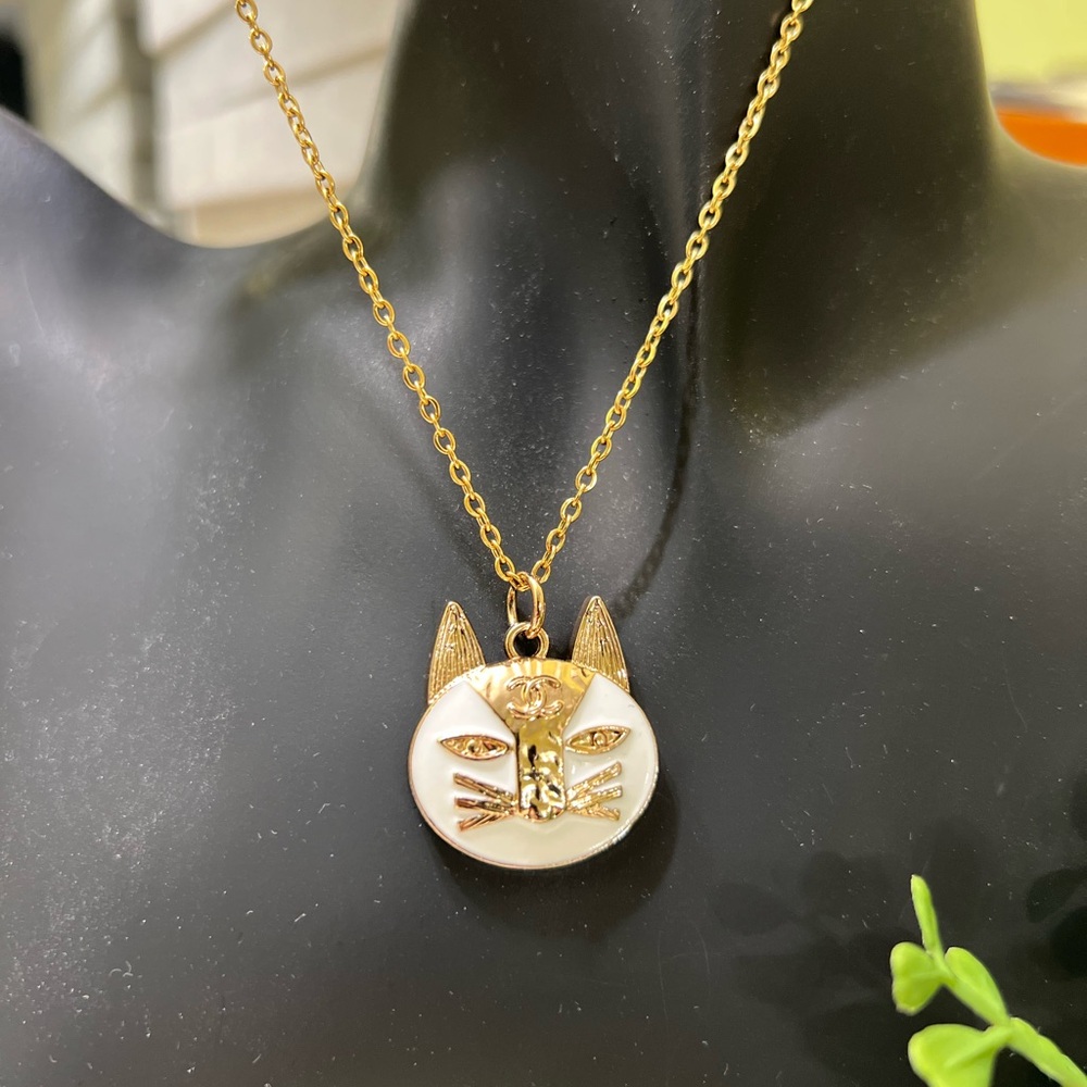 Gold and White CC Cat Pendant Necklace